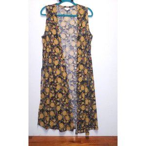 LuLaRoe Duster Cardigan Knit Sz M Floral gray ocre sleeveless side slits open EC